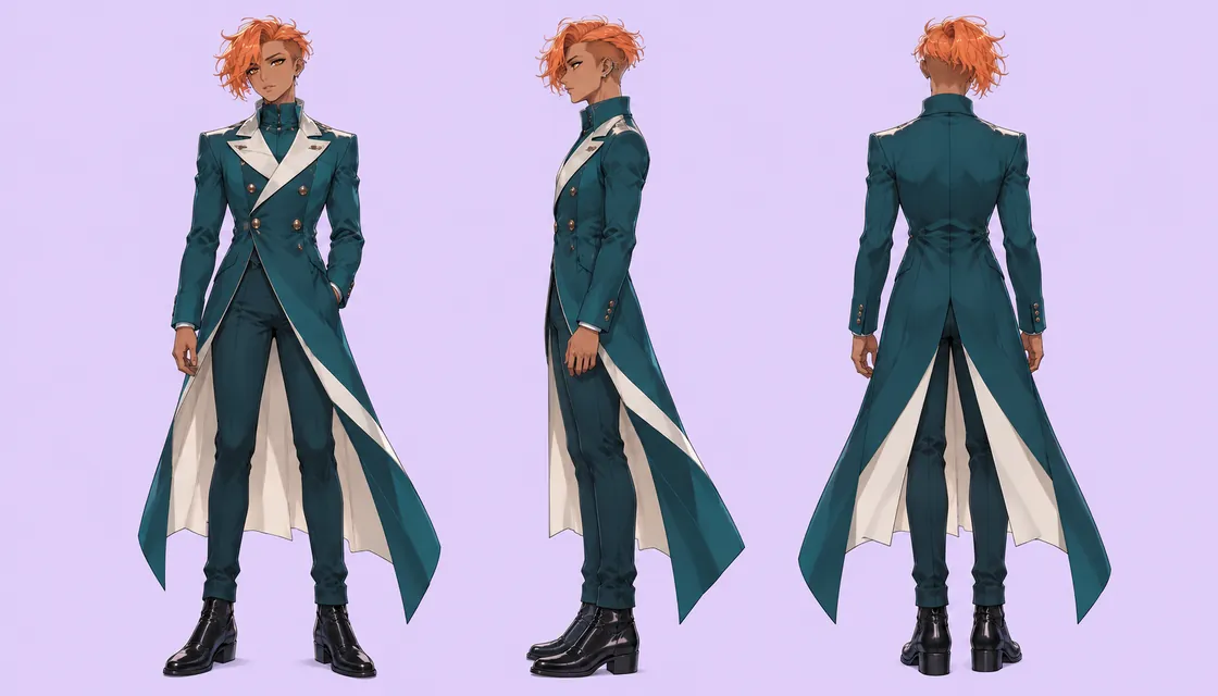 Aven original contestant reference sheet with front, side and back views of a teal stage suit
