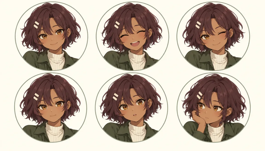Rowan Larkspur profile-picture set in six expressions with circle-crop guides