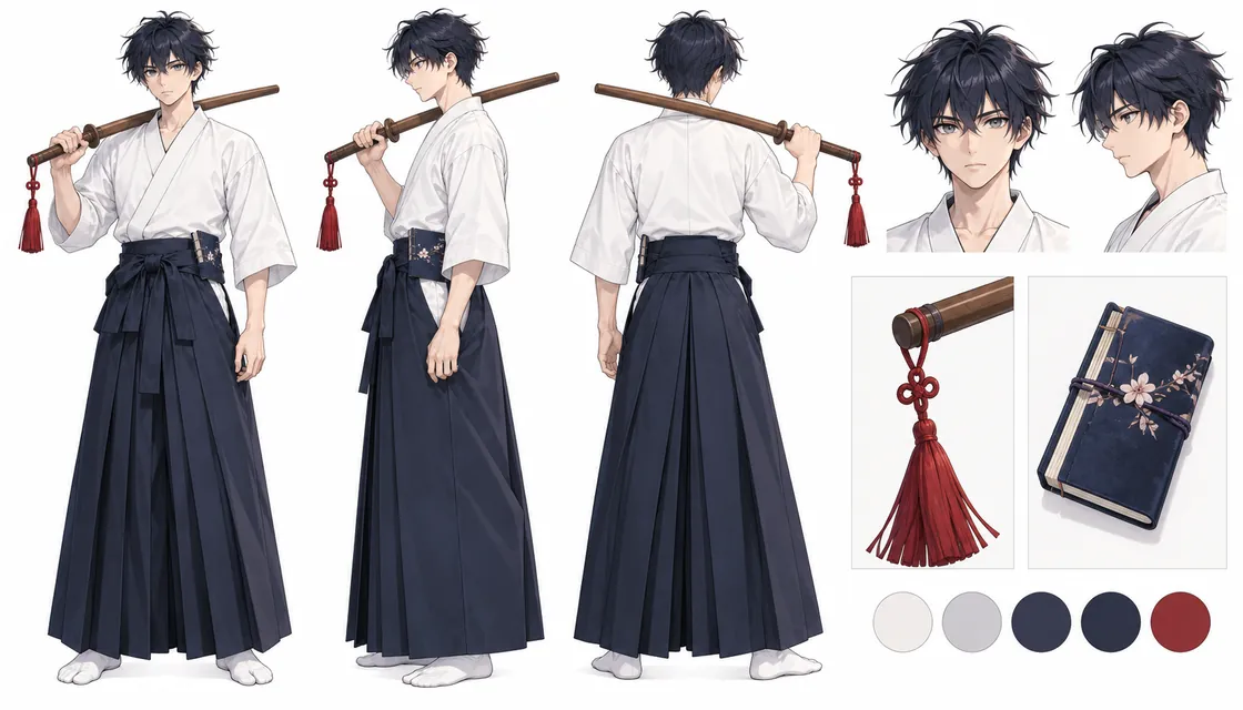 Kaito Arashi reference sheet with front, side and back views