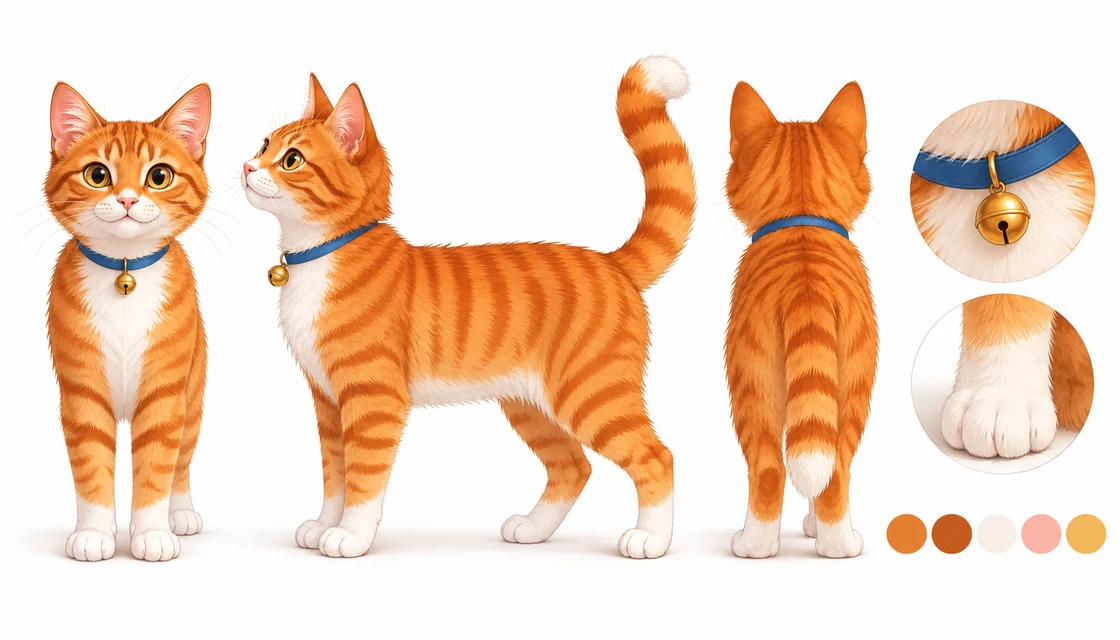 Kumquat Copperbell reference sheet with front, side and back views