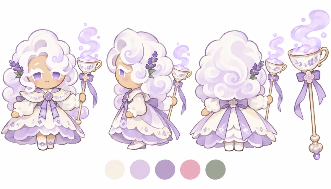 Lavender Fog Cookie reference sheet with front, side and back views