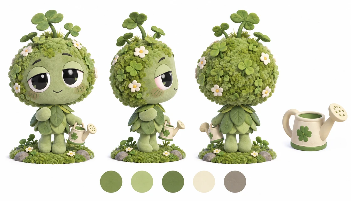 Mossy reference sheet with front, side and back views