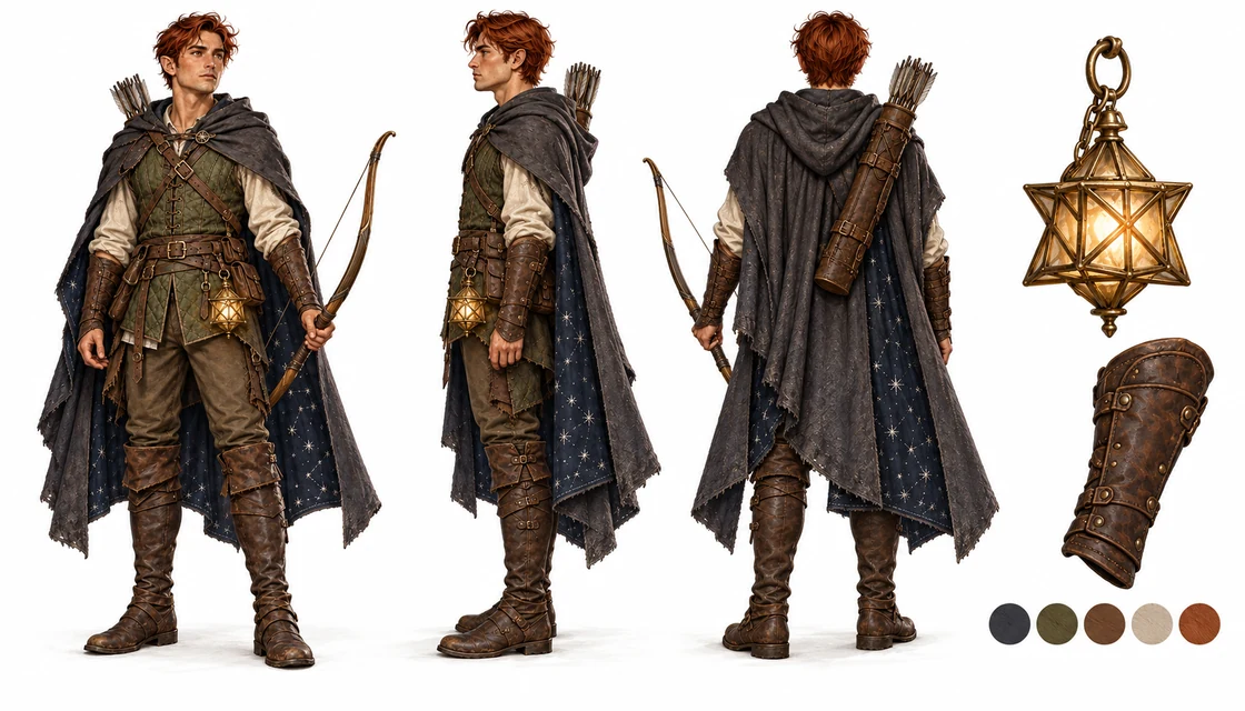 Brin Ashvale reference sheet with front, side and back views