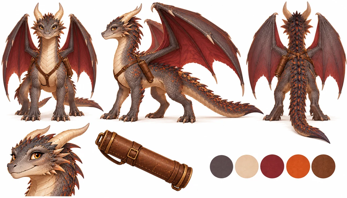 Emberlyn reference sheet with front, side and back views