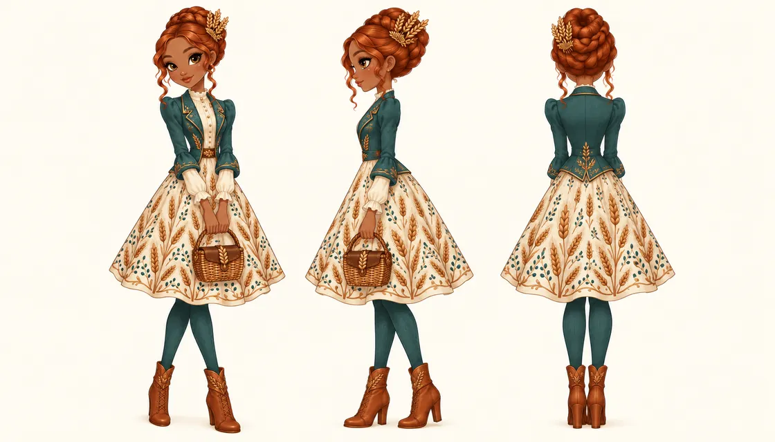 Tansy Barleyfold reference sheet with front, side and back views