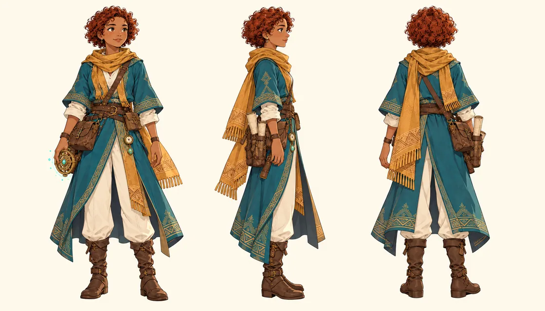Front, side and back costume views of Tavra Reedcompass in her teal traveling coat and ochre scarf.