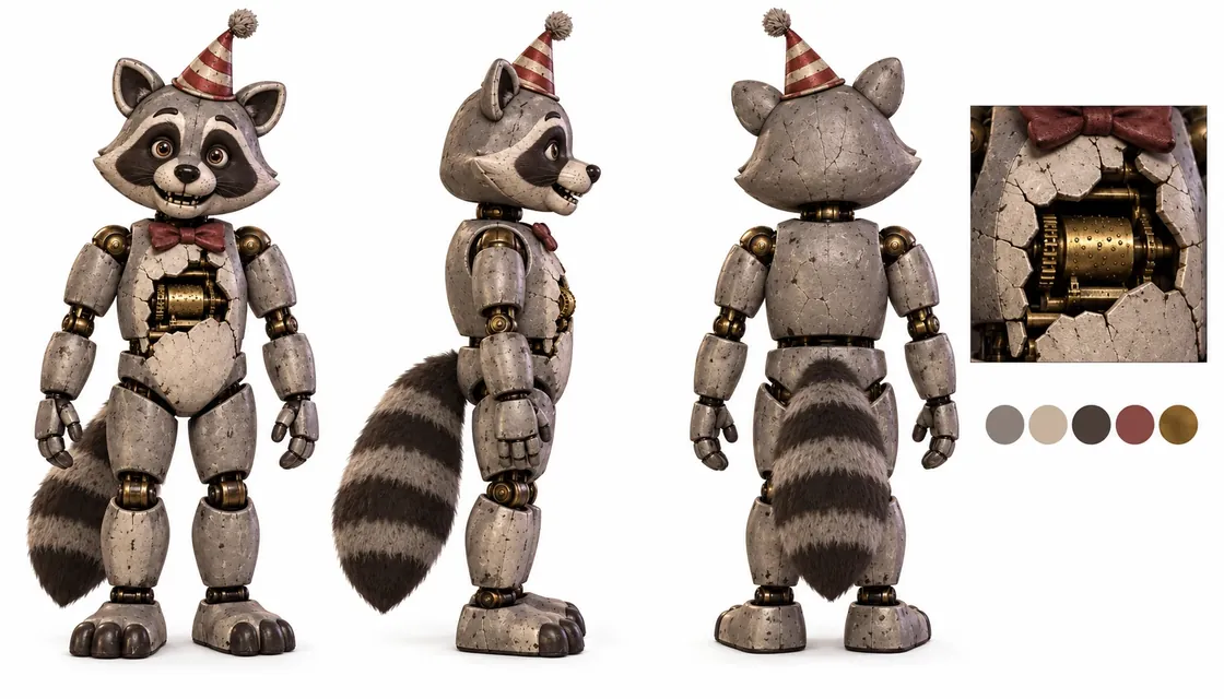 Tinsel the Raccoon reference sheet with front, side and back views