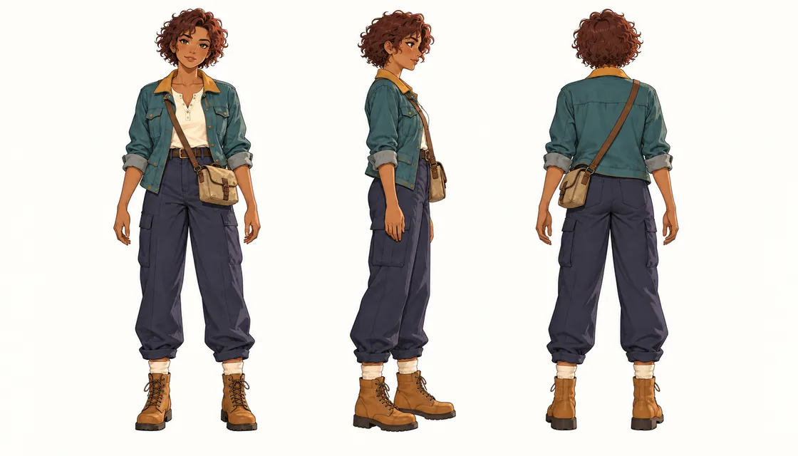 Tessa Brindlepath reference sheet with front, side and back views