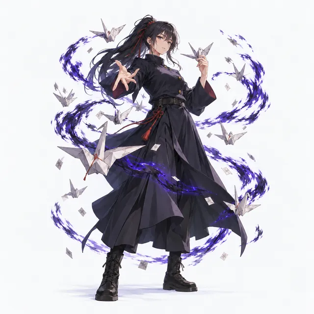 Chiyo Ori: A sorcerer who summons folded paper crane shikigami, dark uniform
