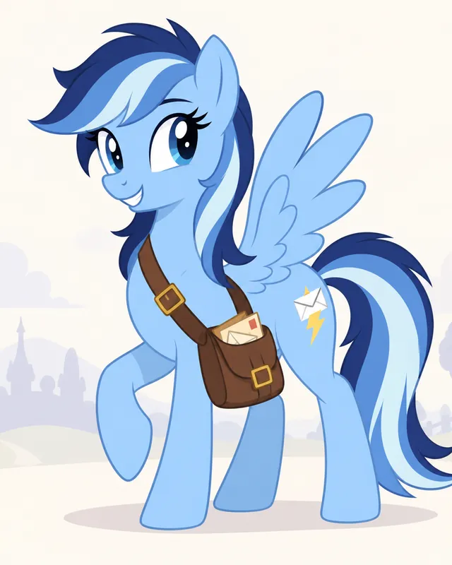Postmark: A sky-blue pegasus mail carrier with a messenger bag and a lightning-envelope cutie mark