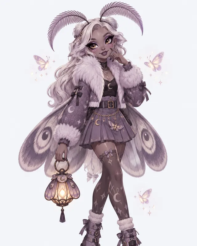 Lumina Mothwing: A fashionable mothman teen with a fuzzy collar, a lamp-shaped purse and big antennae