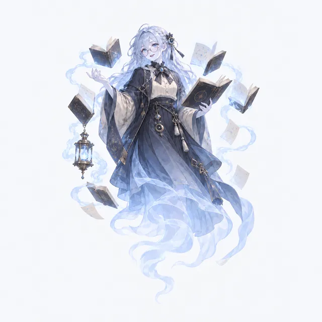 Folio: A ghost librarian who can only speak in quotes from books, translucent, round glasses
