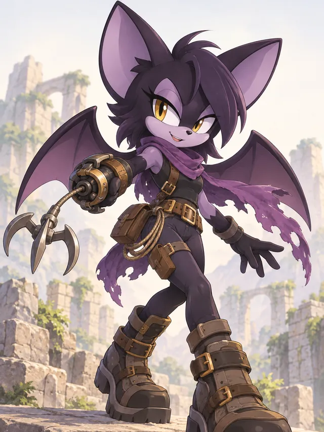 Nyx the Bat: A bat cave explorer who maps tunnels by echo, with a tattered purple scarf and a grappling hook glove