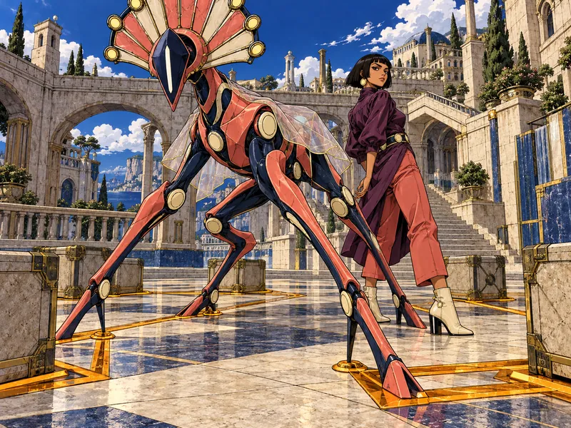 Applause for Nobody: a long four-limbed crane-like creature, made of painted mechanical plates in coral and navy, with broad fan-shaped stage-light crest, a pentagonal navy faceplate with a cream vertical slit, cream round joints and a transparent shoulder cape. User Tessa Brisca stands behind it.