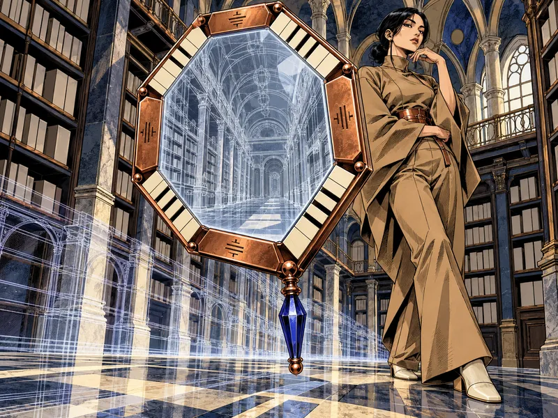 Archive of Thunder: an octagonal hand mirror in copper and cream, made of polished copper and glass, with ivory piano-key rim segments, parallel etched markings and a cobalt glass handle. It has no body or face. User Neri Avenholt stands behind it.