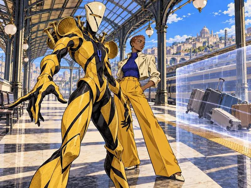 Brass on the Run: a tall angular humanoid, made of matte ceramic in saffron and ink-black, with trumpet-bell and valve shoulders, an elongated ivory trapezoid mask with an amber horizontal slit, diagonal black markings and a cobalt tuning-fork pendant. User Maren Vellari stands behind it.