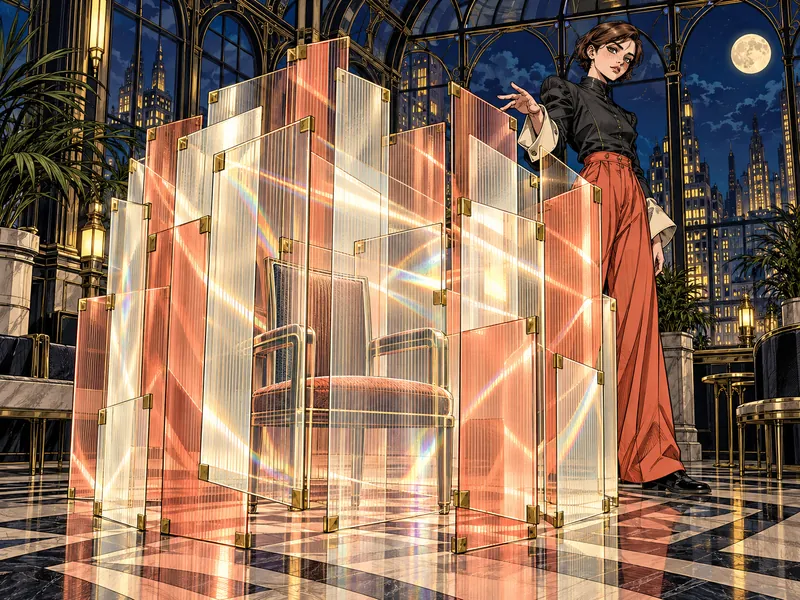 Glass After Midnight: A bodyless field of transparent rectangular glass panels in coral and ivory, with transparent glass surfaces, refracted stage-light bands, fine graphite parallel lines and small brass corner clips repeated as small details. No separate creature or face. User Vera Dalmont stands behind it.