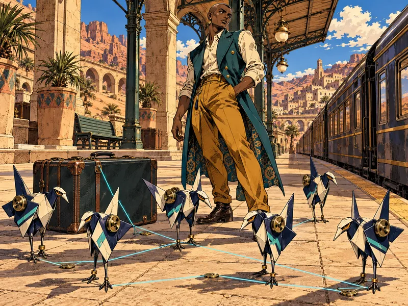 Static & Silk: Six miniature units, each an origami crane-like bird machine, made of folded mechanical panels in navy and ivory, with tape-reel shoulder discs, an angular diamond face with amber slits, cyan diagonals and brass anklets. User Elian Corvelli stands behind it.