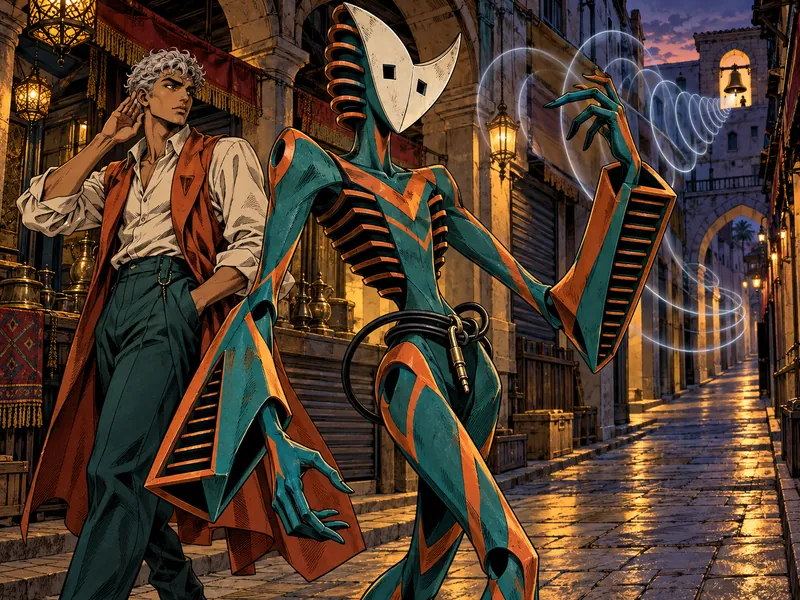 Velvet Detour: a slender humanoid with rectangular flared forearms, made of lacquered panels in teal and burnt orange, with speaker-rib torso panels, an asymmetric ivory crescent mask with square black eye apertures, orange chevrons and an audio-cable belt. User Ivo Bellmere stands behind it.
