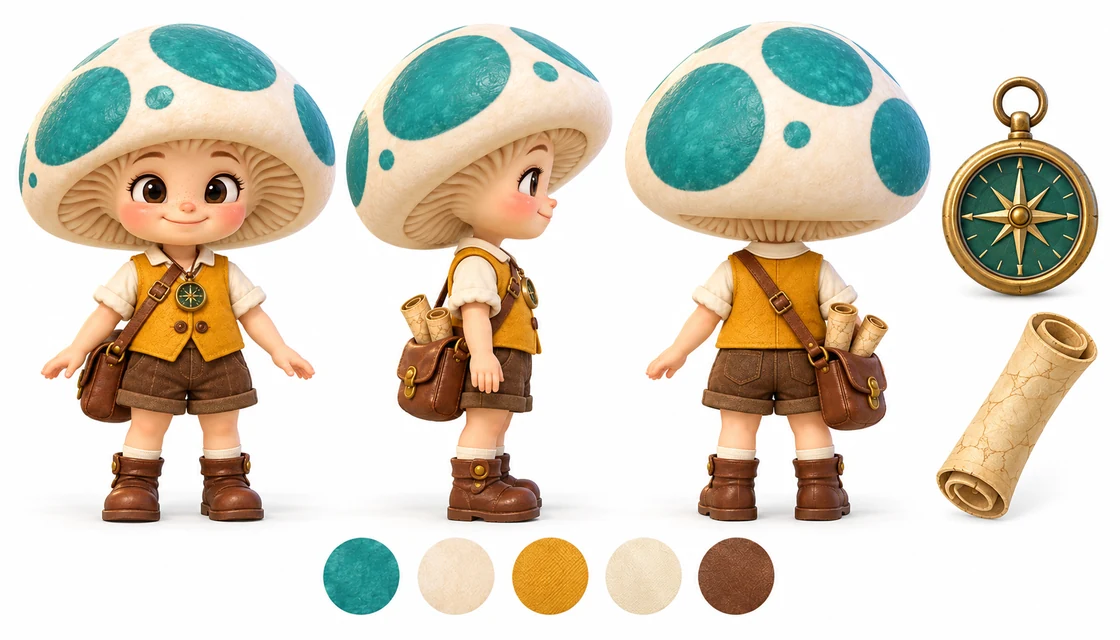 Tilly Brightcap reference sheet with front, side and back views