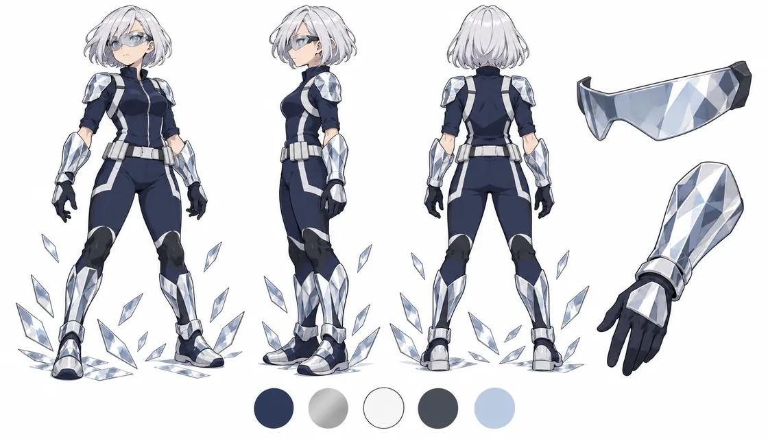 Rei Kagami reference sheet with front, side and back views
