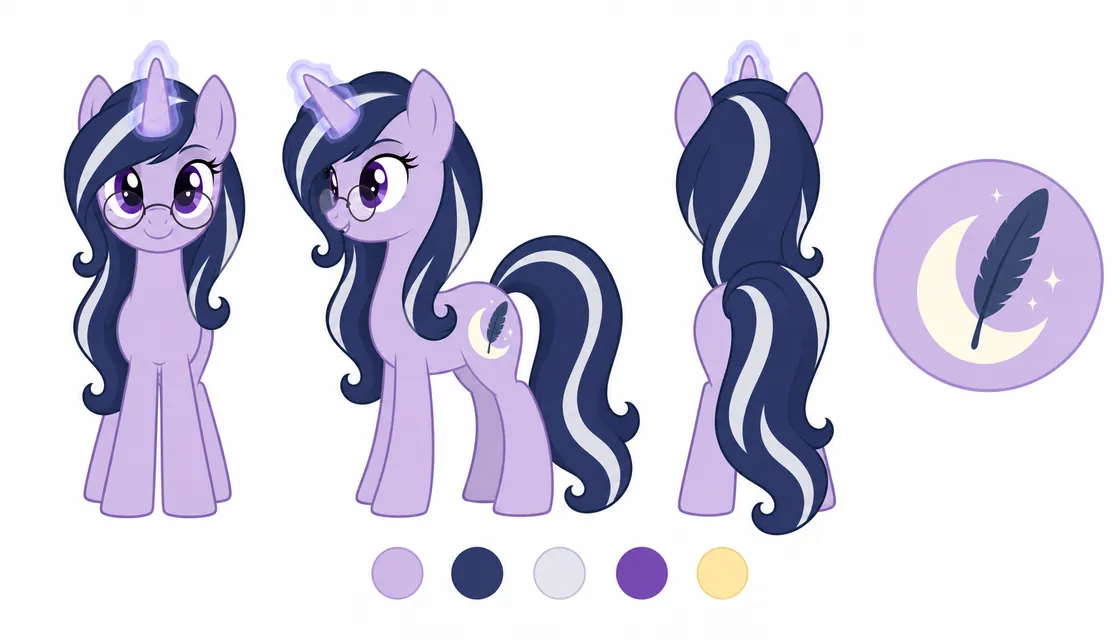 Starlit Quill reference sheet with front, side and back views