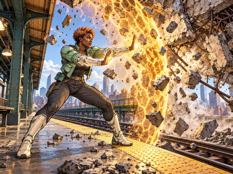 Arcbrace, an original mutant demonstrating Projects an amber force shield that can catch a falling motorcycle