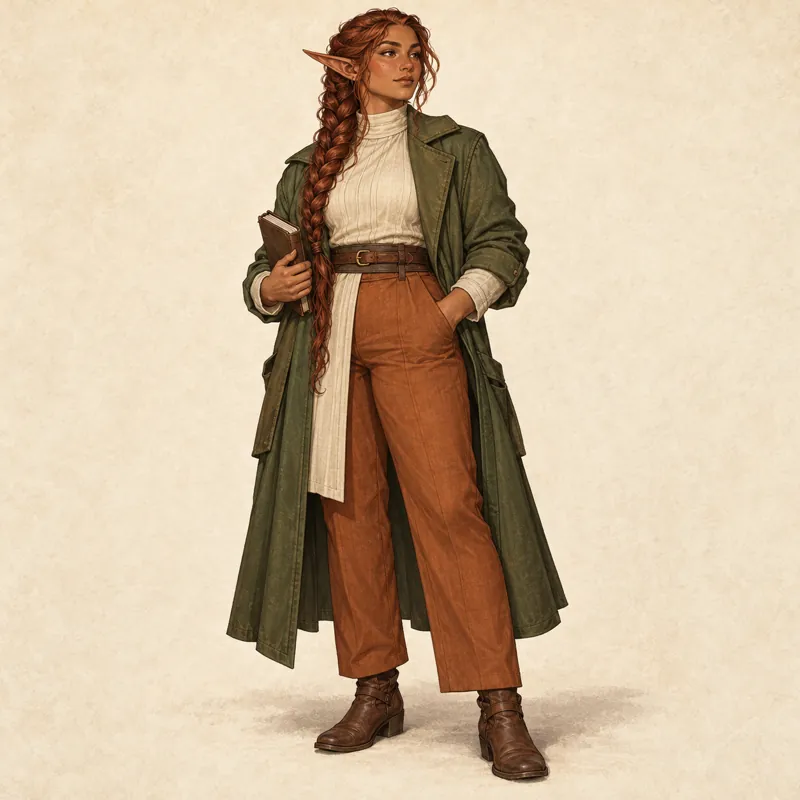 Fantasy archivist: Warm tan skin, long pointed ears, a long auburn braid, a moss green coat over a cream tunic, copper trousers, brown boots and a notebook.