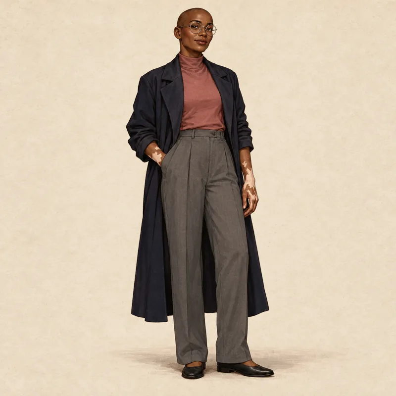 Gothic conservator: Deep brown skin with vitiligo on the hands, a bald head, an ink-colored long coat, a muted rose high-neck shirt, gray trousers and silver round glasses.