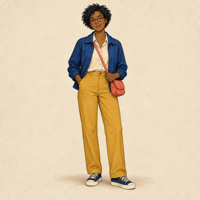 Modern courier: Deep brown skin, short black tight curls, round glasses, a cobalt jacket, cream shirt, mustard trousers, navy sneakers and a coral crossbody bag.