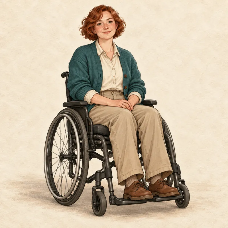 Cozy gardener: Fair skin with freckles, a short auburn wavy bob, a teal cardigan, a cream shirt, sand trousers, brown shoes and a manual wheelchair.