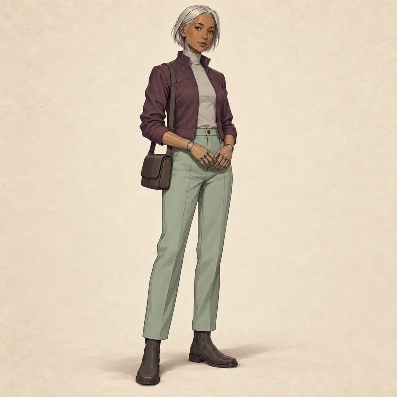 Science-fiction technician: Medium brown face, a subtle temple seam, short silver straight hair, a plum technical jacket, pale gray shirt, mint trousers, dark boots and a plain satchel.