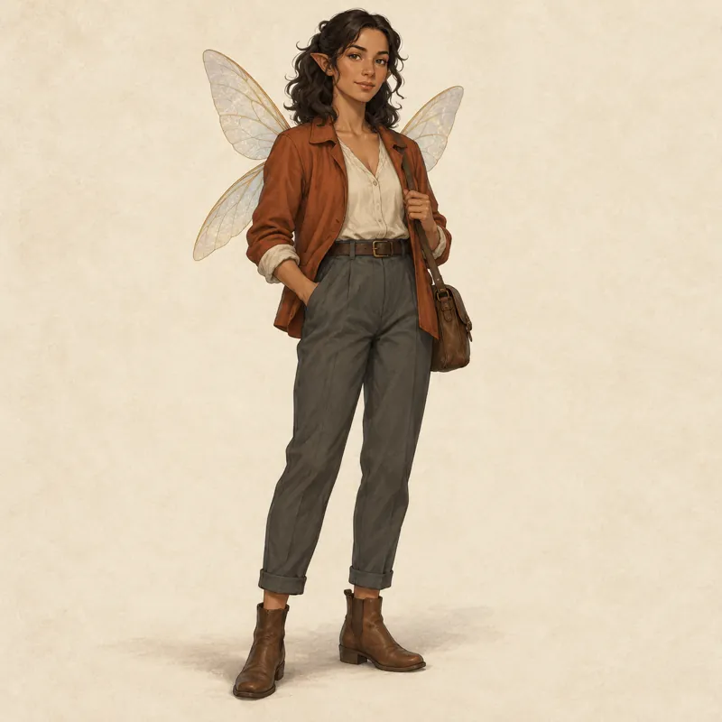 Fantasy wingkeeper: Light brown skin, shoulder-length black waves, small translucent wings, a rust jacket, an ivory shirt, slate trousers, brown boots and a small shoulder bag.