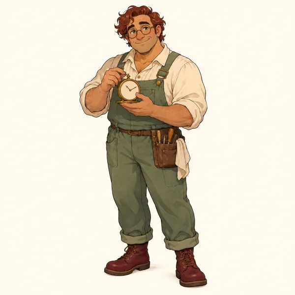 Bram Tallowby, Olive skin, wavy auburn hair, round spectacles, sage overalls, cream shirt and burgundy boots; carries a brass clock.