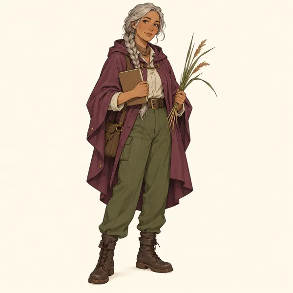 Cressa Nib, Warm tan skin, long silver-gray braid, plum rain cape, moss green trousers and dark boots; carries a specimen notebook and reeds.