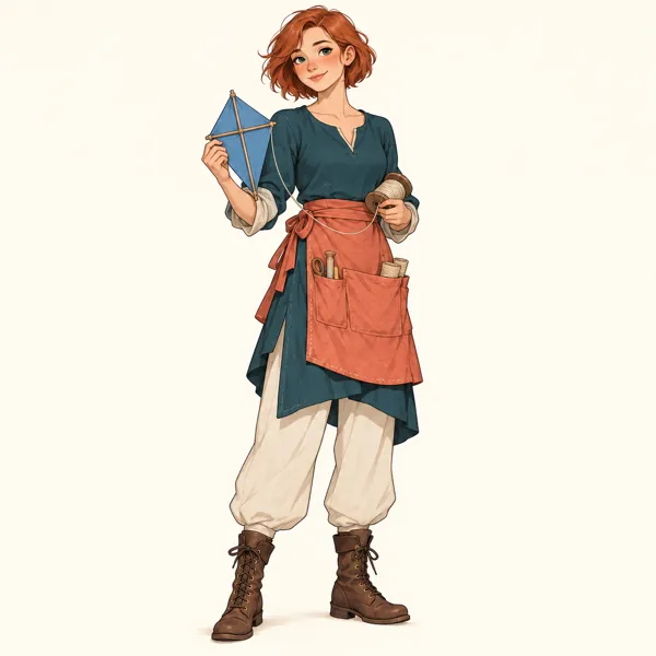 Nessa Wrenfold, Fair freckled skin, short copper bob, deep teal tunic, ivory trousers, coral apron and brown boots; carries a blue kite and string spool.