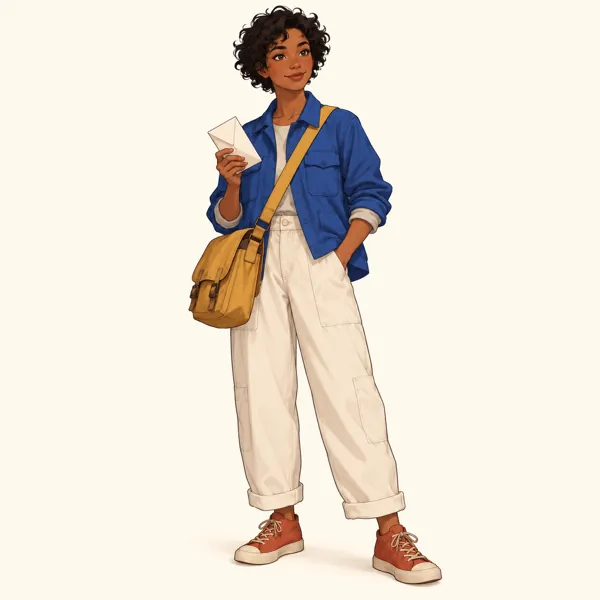 Orla Fenwick, Brown skin, short dark curls, cobalt work jacket, mustard mail satchel, ivory trousers and terracotta sneakers.