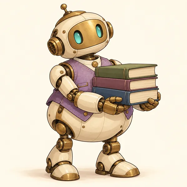 Pellin Voss, Friendly small brass-and-cream ceramic robot with teal oval eyes, a lavender vest, sturdy short legs and a stack of blank books.