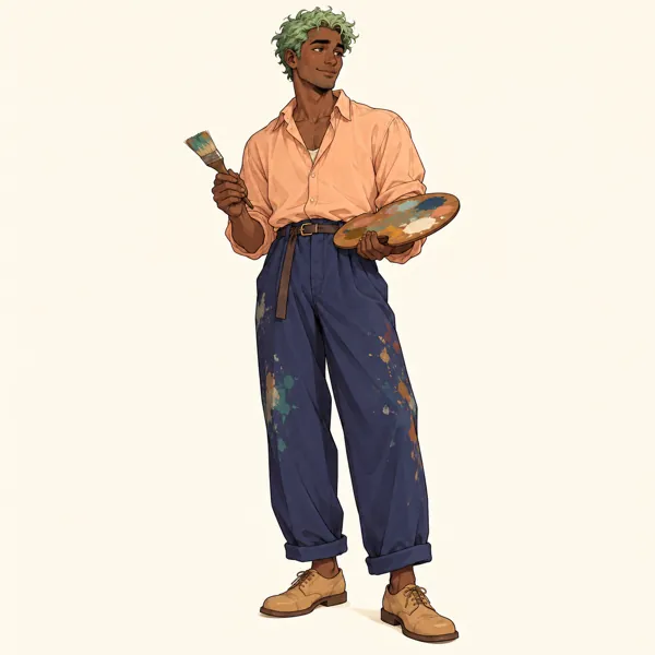 Tivren Moss, Deep brown skin, short mint-green textured hair, peach work shirt, indigo wide trousers and tan shoes; carries a wooden palette and brush.