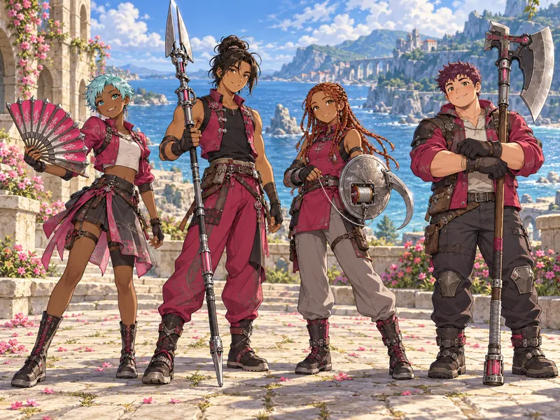Four original Cerise team members carrying their roster weapons