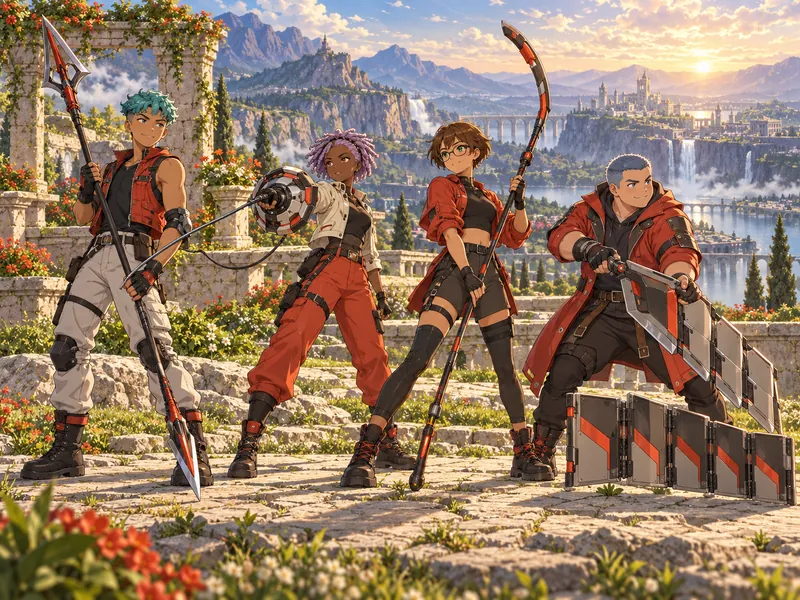 Four original Vermilion team members carrying their roster weapons