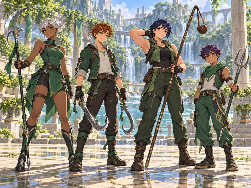 Four original Viridian team members carrying their roster weapons