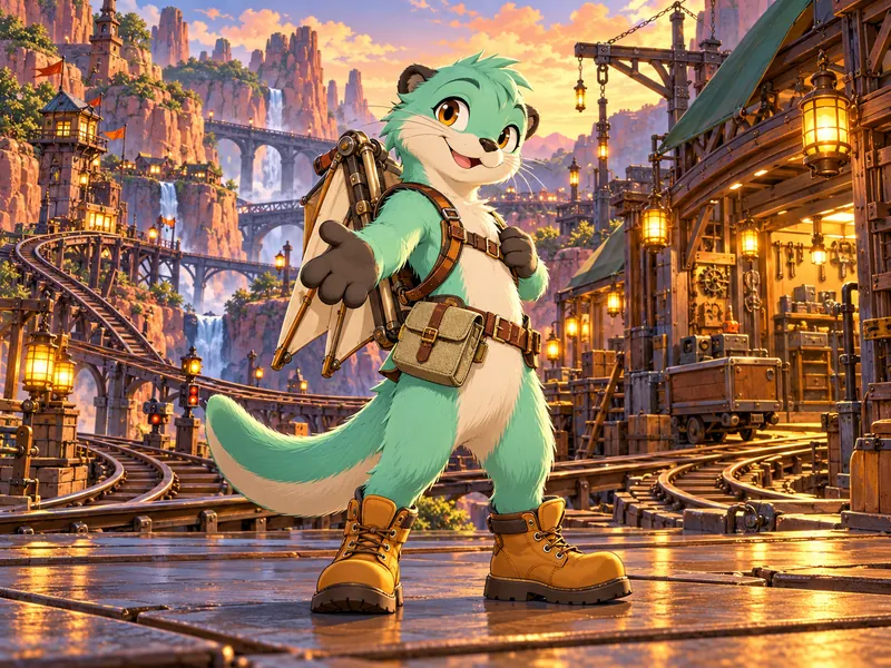 Briskglow the Otter in Lantern Switchyard Zone: mint fur, charcoal ear tips, amber boots, canvas pouch, folded canvas glider