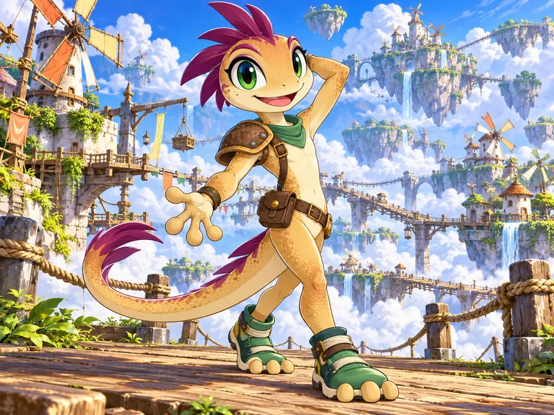 Dewflit the Gecko in Thimble Skyway Zone: tan scales, plum head and tail accents, jade shoes, one shoulder pad