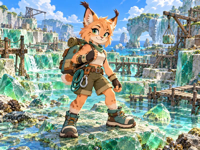 Fizzflick the Lynx in Tideglass Quarry Zone: peach fur, brown ear tips, teal boots, patchwork backpack