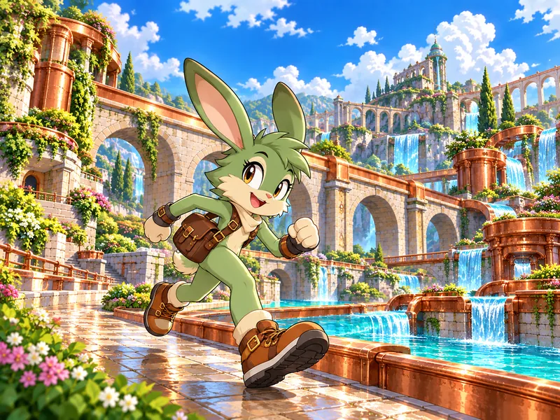 Glimtide the Rabbit in Copper Aqueduct Zone: sage fur, cream muzzle, copper hiking shoes, square satchel