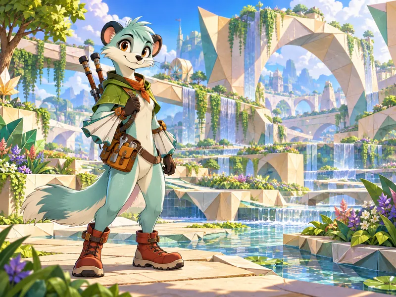 Mosshop the Ferret in Paper Arches Zone: pale teal fur, dark ear tips, rust boots, repair pouch, compact wrist sails