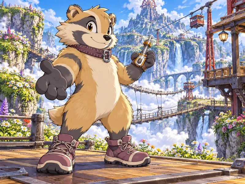 Zeststep the Badger in Gossamer Railway Zone: wheat fur, slate paws, mauve shoes, stitched collar
