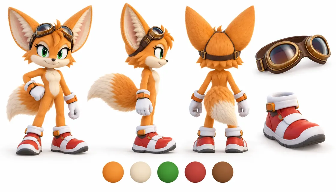 Sorrel the Fennec reference sheet with front, side and back views