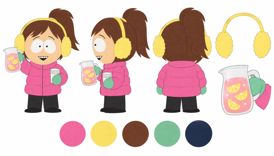 Nell Fairbanks reference sheet with front, side and back views